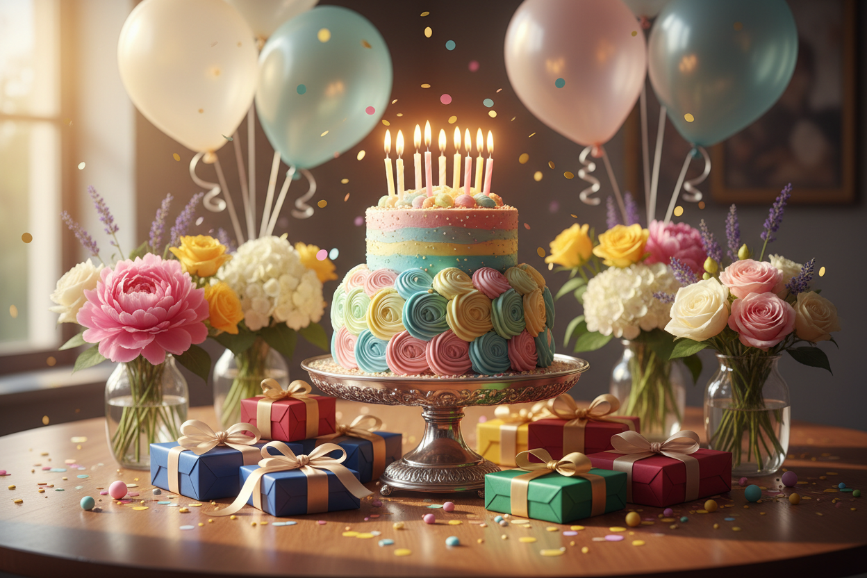 Festive birthday cake with gifts and balloons