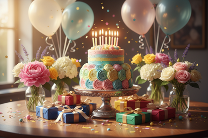 Festive birthday cake with gifts and balloons