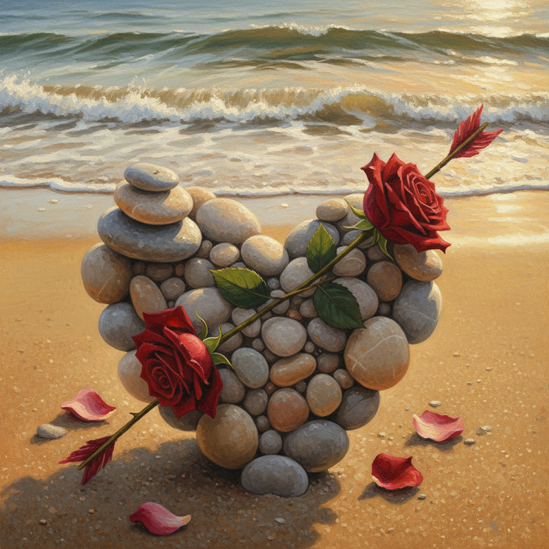 Painted Valentine's beach heart with roses